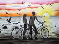 романтика прогулка пара велосипед чайки море фото